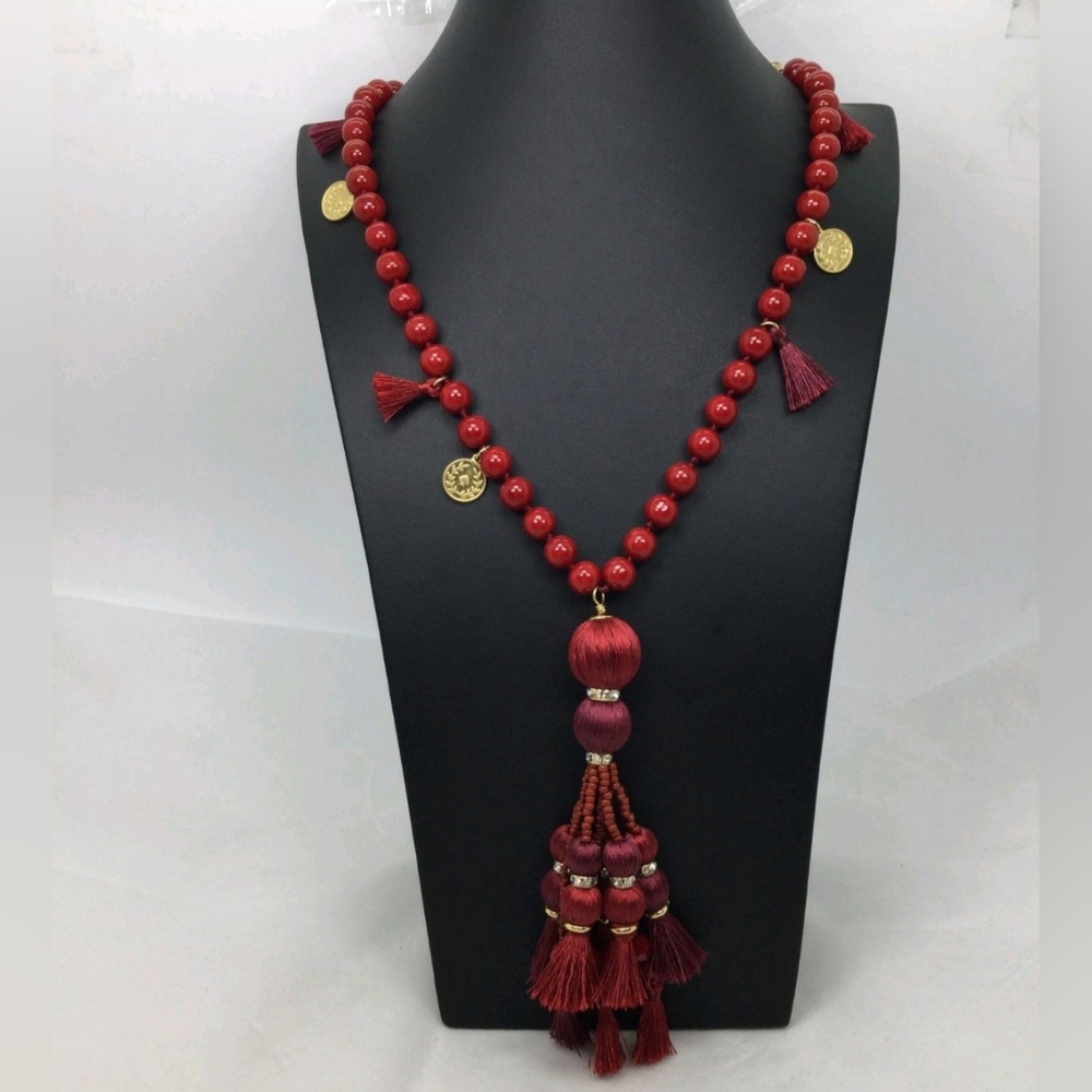 Kate Spade New York Red Pretty Poms Tassel Necklace NWOT 32"